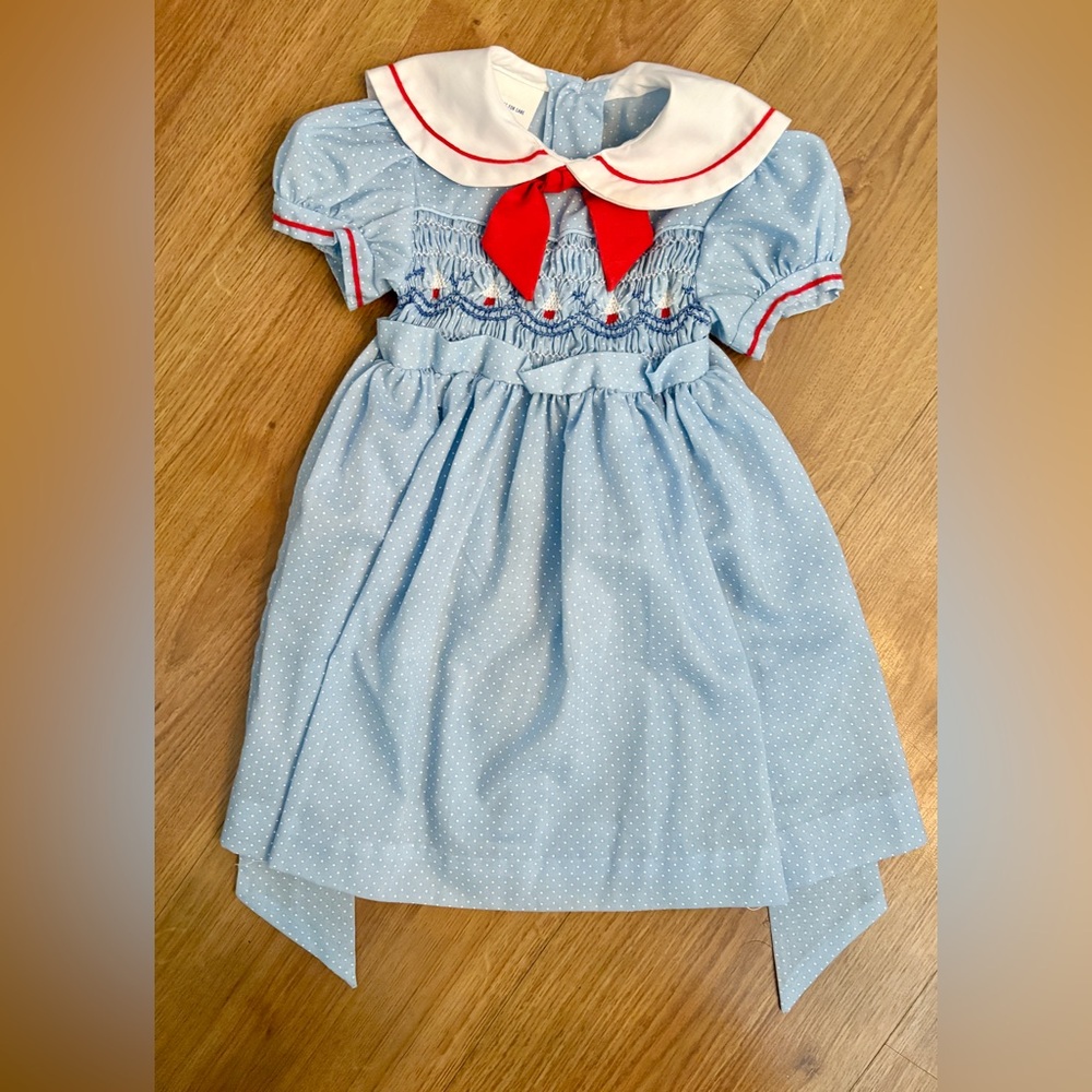 POLLY FLINDERS | VTG Smocked Short Sleeve Collar Nautical Embroidered Dress 2T